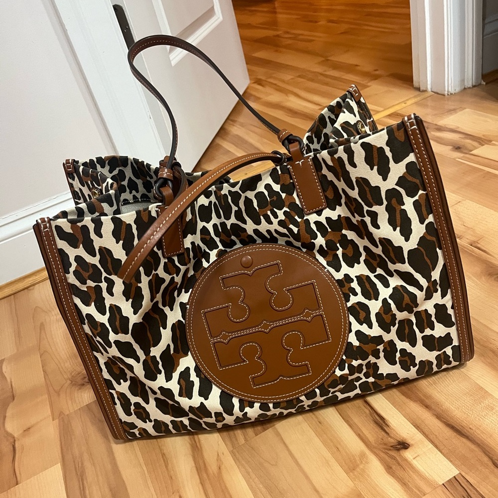 Tory Burch Leopard Print Canvas Tote with Brown Leather Trim